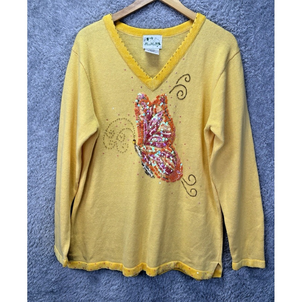 Quacker Factory Womens L Yellow Sweater Sequin Butterfly Beaded V Neck Boho